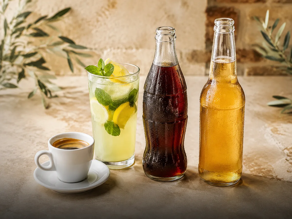Imagine ilustrativă cu băuturi de la bar: cafea, limonadă cu lămâie și mentă, răcoritoare și bere