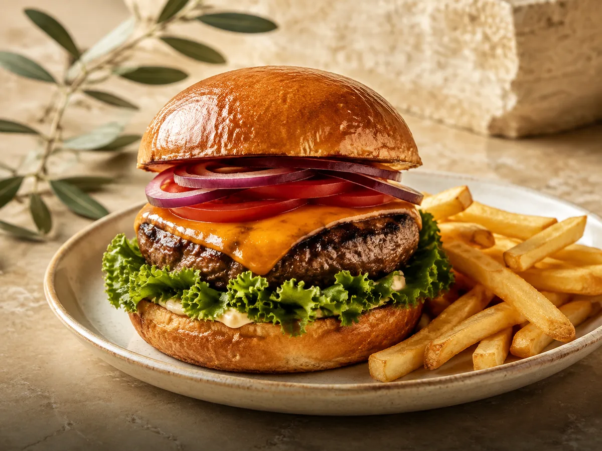 Imagine ilustrativă cu un burger cu cheddar, salată și cartofi prăjiți
