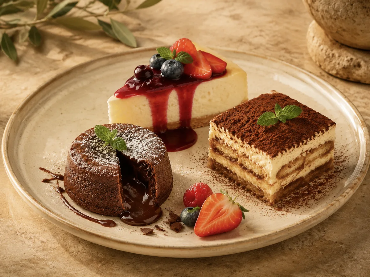 Imagine ilustrativă cu deserturi: lava cake, cheesecake cu fructe de pădure și tiramisu