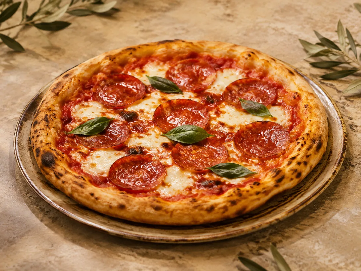 Imagine ilustrativă cu o pizza cu salam și busuioc, coaptă în cuptor